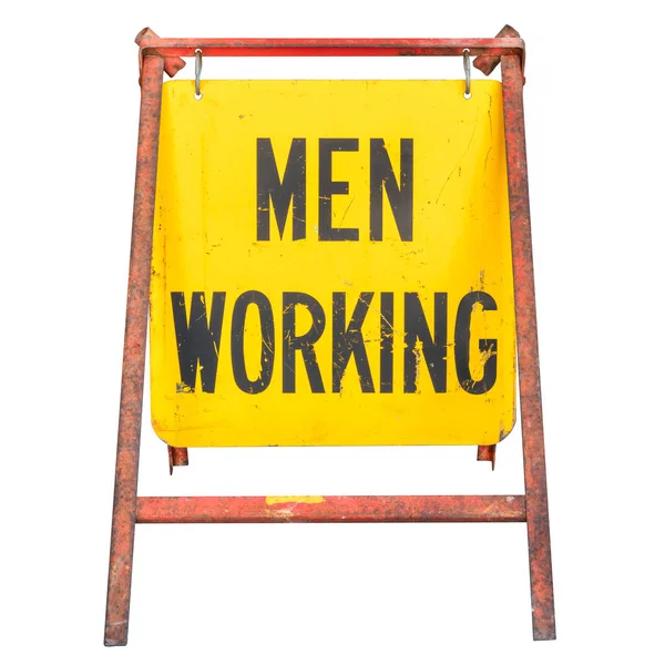 Чоловіки Працюють Жовтій Дорозі Знак Конструювання Ізольовано Білому Тлі — стокове фото