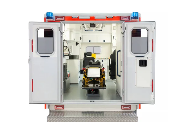 白い背景に隔離されたオープン救急車の内部の背面図 — ストック写真