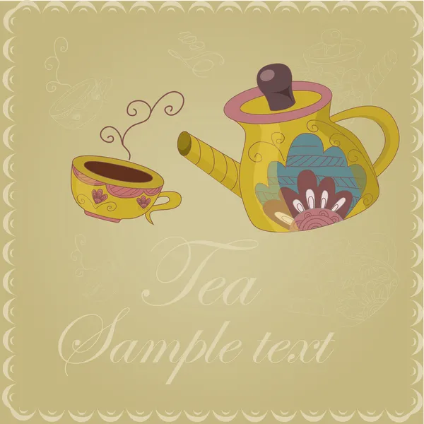 Postkarte gelbe Teekanne und Tasse — Stockvektor