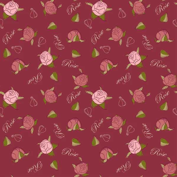 Rosas patrón sobre fondo borgoña — Vector de stock