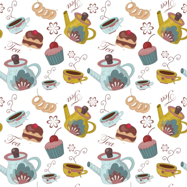 Patrón de té y cupcakes sobre un fondo blanco — Vector de stock