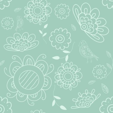 kuşlar ve çiçekler mavi bir arka plan üzerinde desen