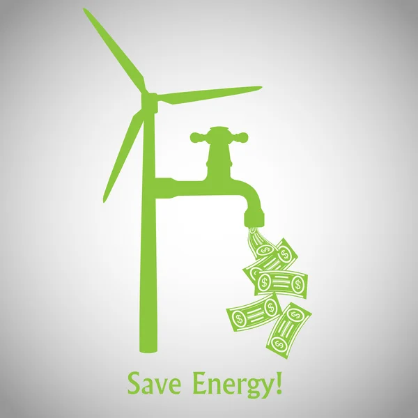 Save Energy! Wind Turbine and Money — Stock Vector