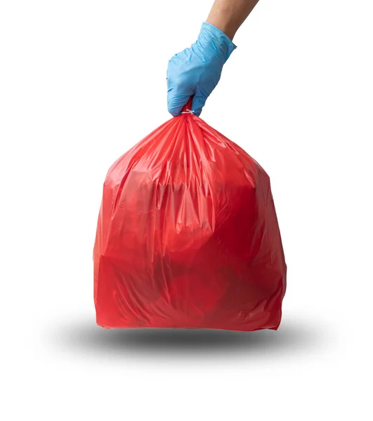 Mão Segurando Saco Lixo Vermelho Para Resíduos Infecciosos Isolados Fundo — Fotografia de Stock