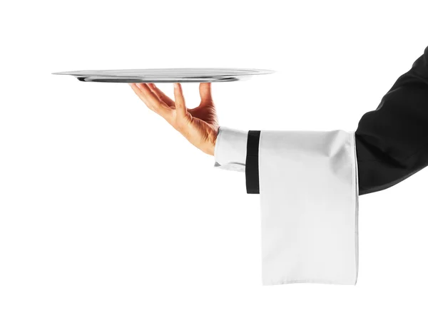 A hand holding a silver tray — Stock Photo, Image