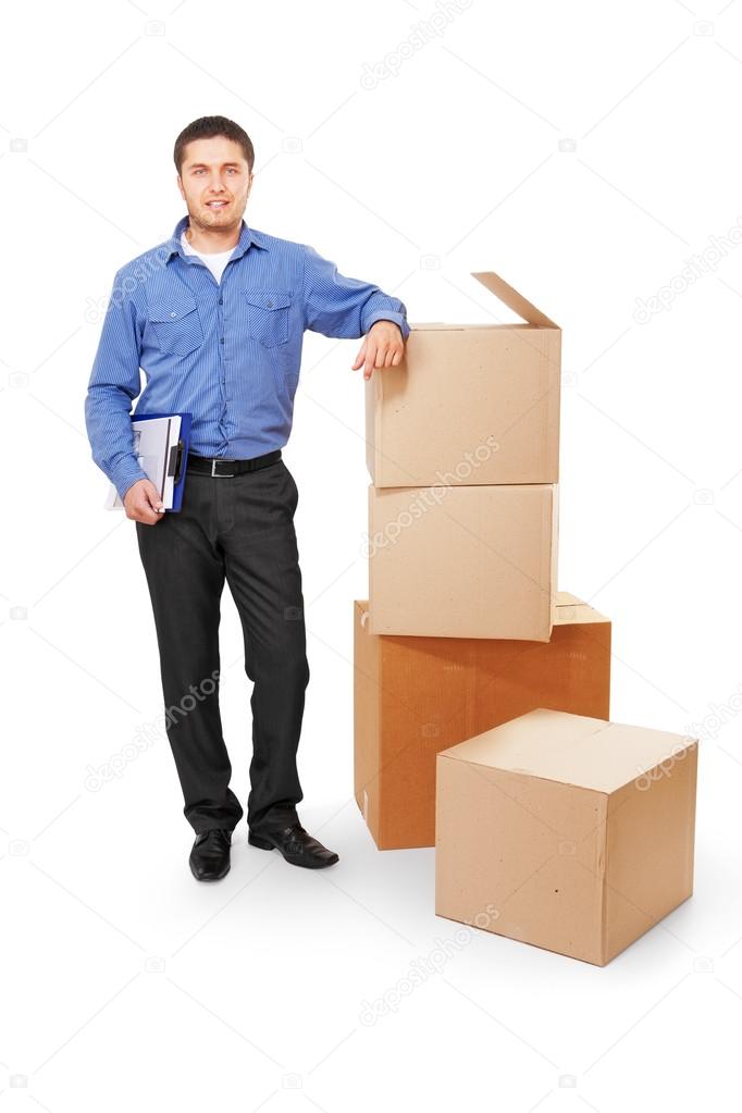 Businessman with cardboard boxes