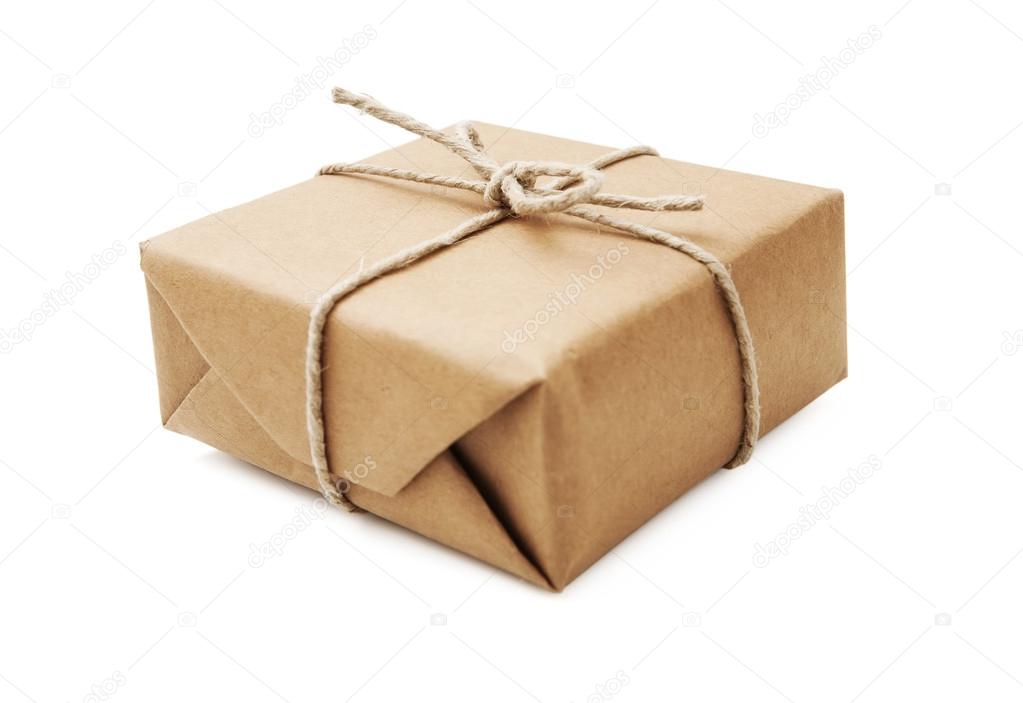 Parcel wrapped with brown paper and tied with string