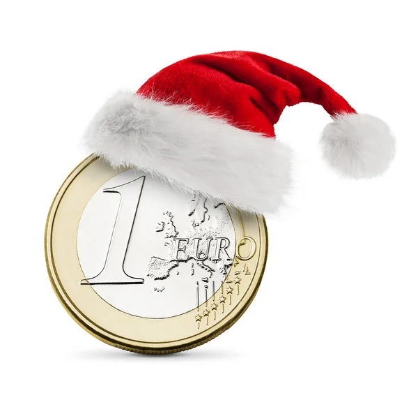 Cappello Babbo Natale su moneta da un euro — Foto Stock