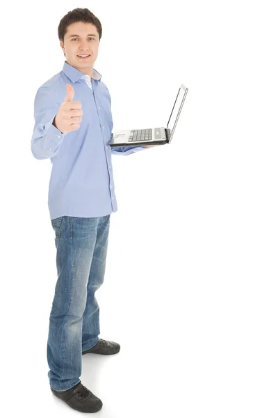 Man met laptop duimen opdagen — Stockfoto