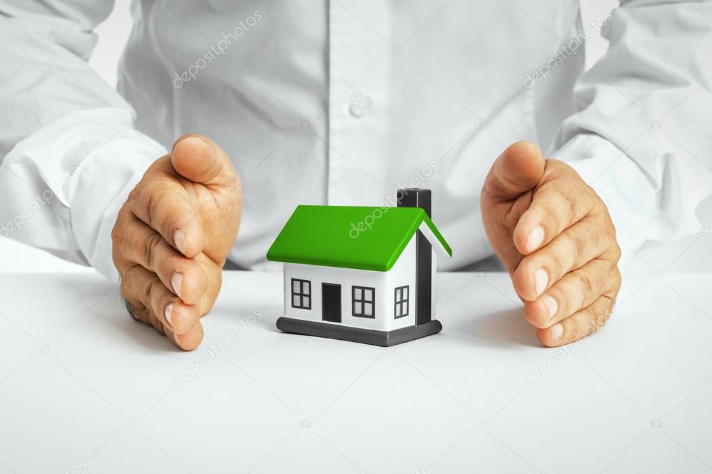 Male hands saving small house