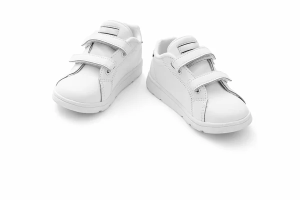 Witte Sneakers Met Klittenbandsluiting Witte Achtergrond Inclusief Knippad — Stockfoto