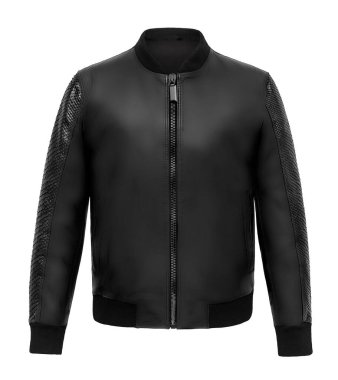 Luxury leather jacket with python skin details on white background