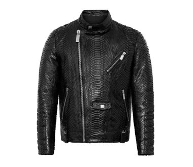 Black leather biker jacket from python skin isolated on white background