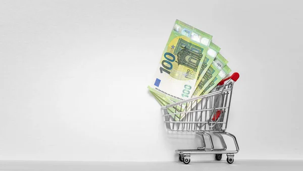 100 Hundert Euro Für Den Einkauf Einem Einkaufswagen Auf Weißem — Stockfoto