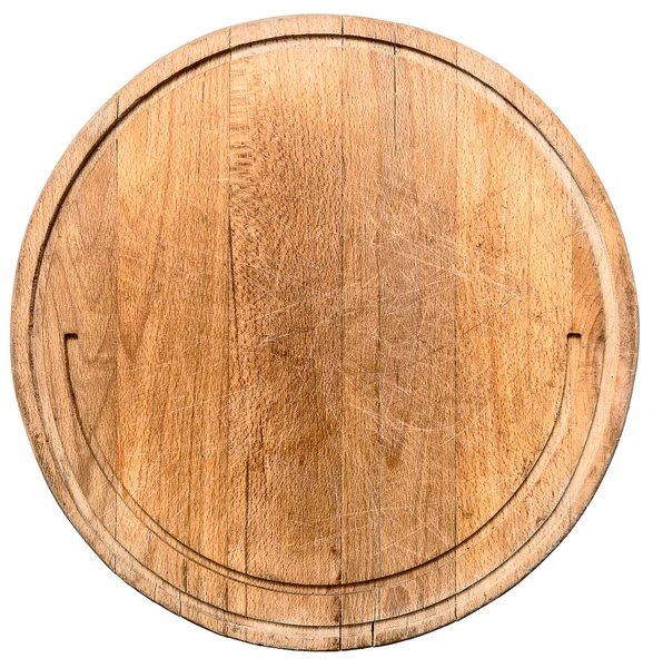 ステーキをカットするための多機能円形の木製のまな板は クリッピングパスを含む白い背景で提供しています — ストック写真