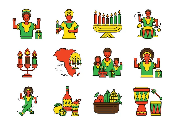 Ікона Кванзи Встановлена Свічками Картою Африки Їжею Питтям Сімейним Святкуванням — стоковий вектор