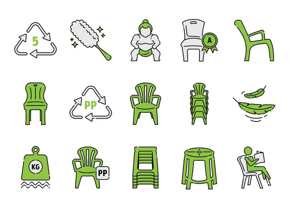 塑料椅子图标设置的优点是质量好 易于清洁 易堆放和放松 — 图库矢量图片