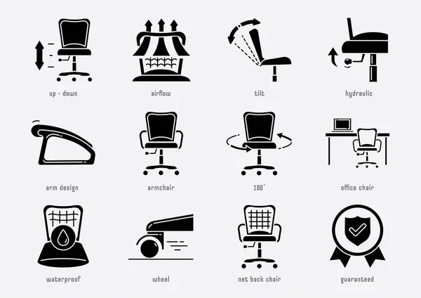 Office Chair Function Glyph Icon Set Airflow Net Bak Wheel — Stock Vector