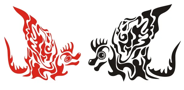 Dragones decorativos rojos y negros con un ala en estilo tribal — Vector de stock