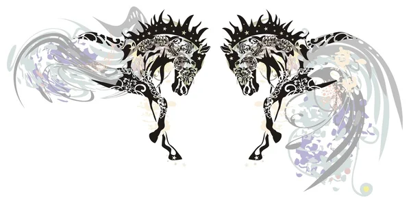 Ornate horses with floral elements — Stock Vector