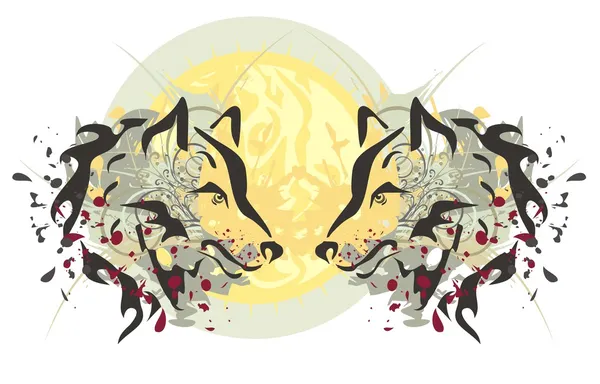 Dwie głowy wilka i słońce — Wektor stockowy