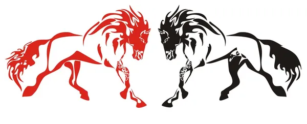 Red and black running horses on the white — Stock Vector