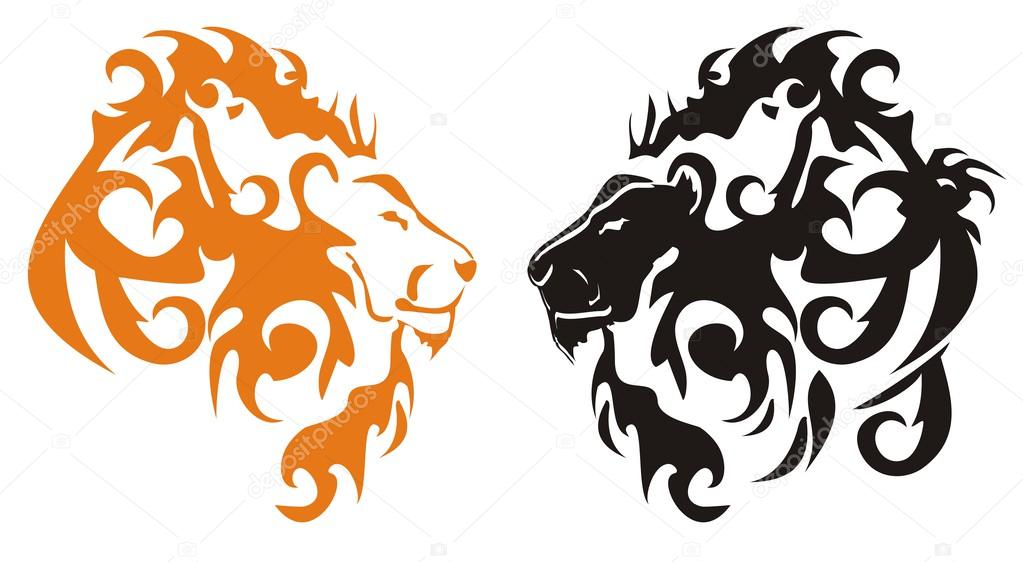 Black and orange tribal lions heads