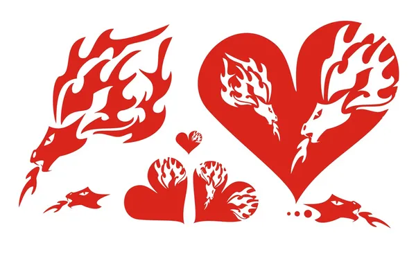 Red hearts of a dragon and a flaming dragon — Stock Vector
