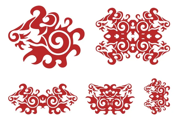 Tête de lion rouge ornée tourbillonnée et éléments de lion — Image vectorielle