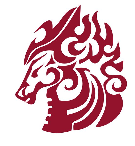 Flaming horse head in tribal style. Red on the white