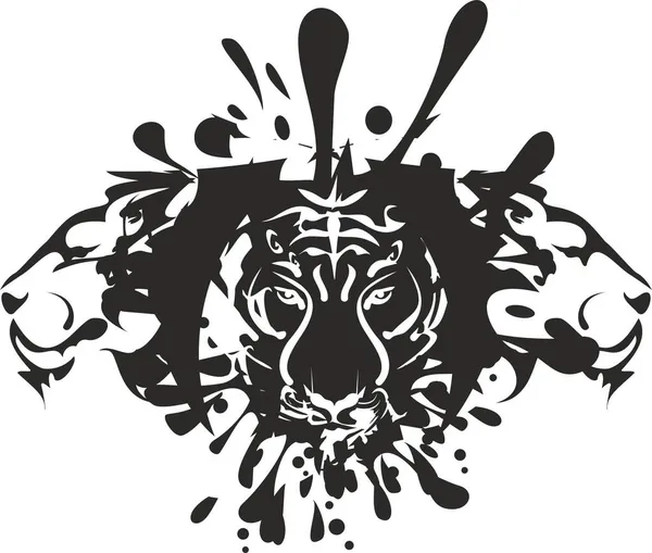 Tête Tigre Noir Blanc Éclabousse Contre Les Têtes Lion Pour — Image vectorielle