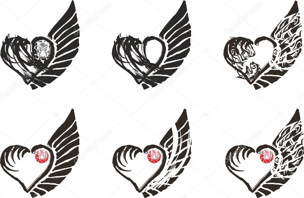 Grunge heart symbols with wings and tiger elements on white. Heart symbols for tattoos, logos, emblems, labels, embroidery, engraving, fabric products, textiles, holidays and events, etc.