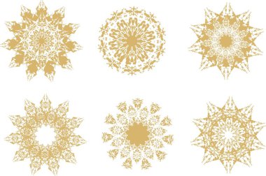 Tatiller, etkinlikler ve tekstil için altın kar taneleri. Yeni yıl süsleri, baskılar, duvar kağıtları, kumaş ürünleri, kartlar, kapaklar, kupür defteri, dövme vs. için dantel olarak güzel kar taneleri. Beyaz üzerine Altın