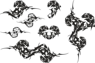 Amblem ve dövmeler için kabile süslemeleri. Dalga şeklindeki çarpık balıklar ve iş konseptleri, web simgeleri, baskılar, logo, nakış, tekstil, restoran menüsü, vb..