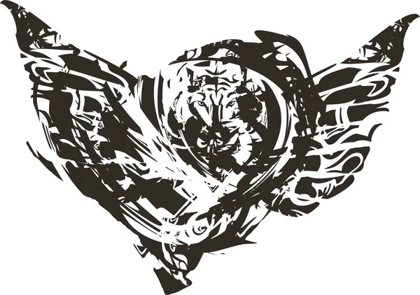 Corazón Tigre Gruñón Con Alas Tonos Blanco Negro Para Tus — Vector de stock