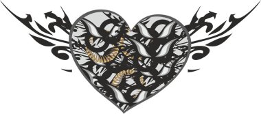 Çiçeksel elementlerle bezenmiş gri-siyah tonda süslü bir kalp. Tekstil, duvar kağıdı veya posterler, kartpostallar, web simgeleri, amblemler, logolar, baskılar, kumaş ürünleri için alışılmadık bir sevgi sembolü..