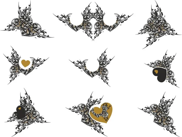 Símbolos Decorativos Del Corazón Tonos Gris Dorado Negro Sobre Fondo — Archivo Imágenes Vectoriales