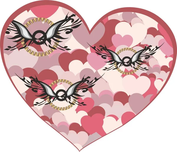 Coeur Rose Avec Petits Coeurs Ailes Éléments Circulaires Intérieur Symbole — Image vectorielle