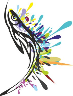 Fish symbol colorful splashes on white for your creative ideas. Twirled fish icon for business concepts, web icons, prints on T-shirts, logos, textiles, restaurant menu, posters, tattoo, emblems, etc.