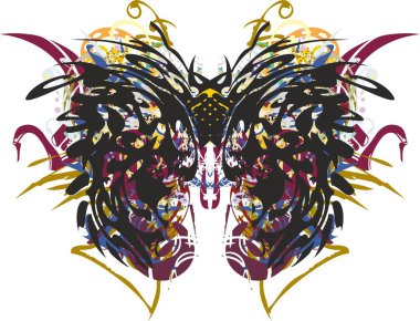 Ürkütücü süslemeli kelebek kanatları beyaz arka planda renkli sıçramalar. Bayramlar ve etkinlikler için Grunge kelebek kanatları, kumaş, baskılar, tekstil, duvar kağıdı, moda trendleri, posterler, kartlar, vs..