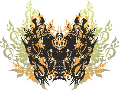 Süslü kelebek kanatları ve beyaz çiçeklerle çevrilmiş elementler. Kelebek alışılmadık bir desenle ve siyah-yeşil-turuncu tonda renkli patlamalarla duvar kağıdı, moda, kumaş, poster, kart vs..