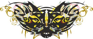 Çiçeksel elementlerle süslü kedi maskesi. Dövmeler, tatiller ve etkinlikler için tehlikeli kedi kafası sembolü, tişörtlerdeki baskılar, kumaş ürünleri, moda eğilimleri, kapaklar, duvar kağıtları, kartlar, vs..