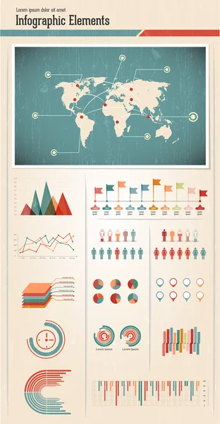 Retro zestaw infografik. Mapa świata i grafika informacyjna — Wektor stockowy