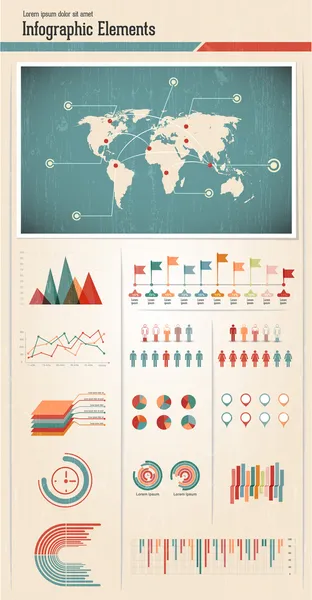 Retro infografika beállítva. Világtérkép és információs grafikák — Stock Vector