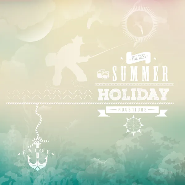 Yaz tatil macerası - çapa, gün doğumu ve etiket ile — Stok Vektör