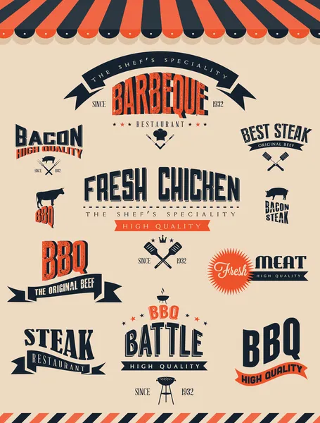 BBQ-grill elementen en labels — Stockvector