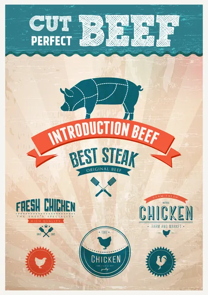 Fresh Chicken and pork beef badges — Stock Vector