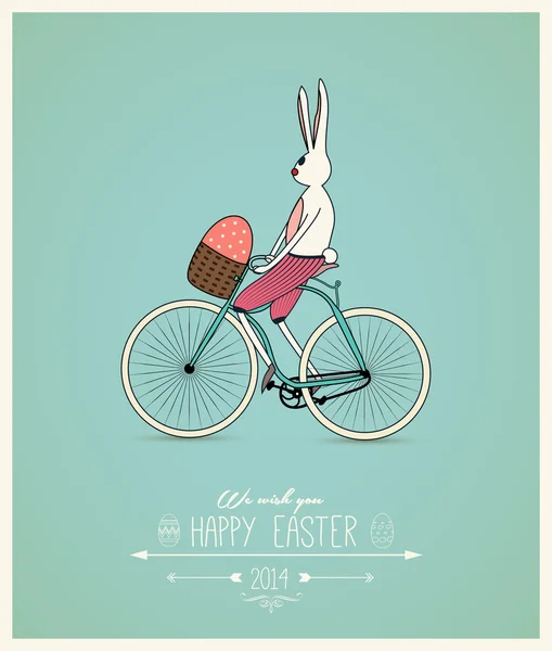 Húsvéti vicces nyuszi lovaglás kerékpár üdvözlőlap — Stock Vector