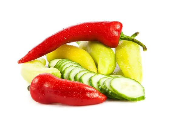 Chilli and cucumber isolated on white background — Stock Photo, Image