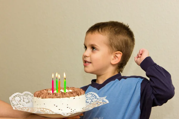 5 番目の誕生日の少年ケーキを祝う — ストック写真